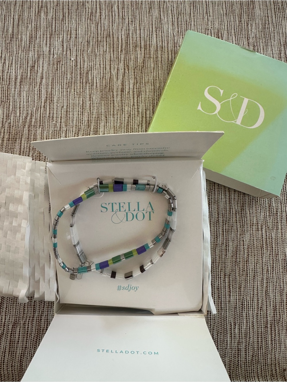 Stella & Dot Turquoise, Green,  and Silver Beaded Bracelet Set